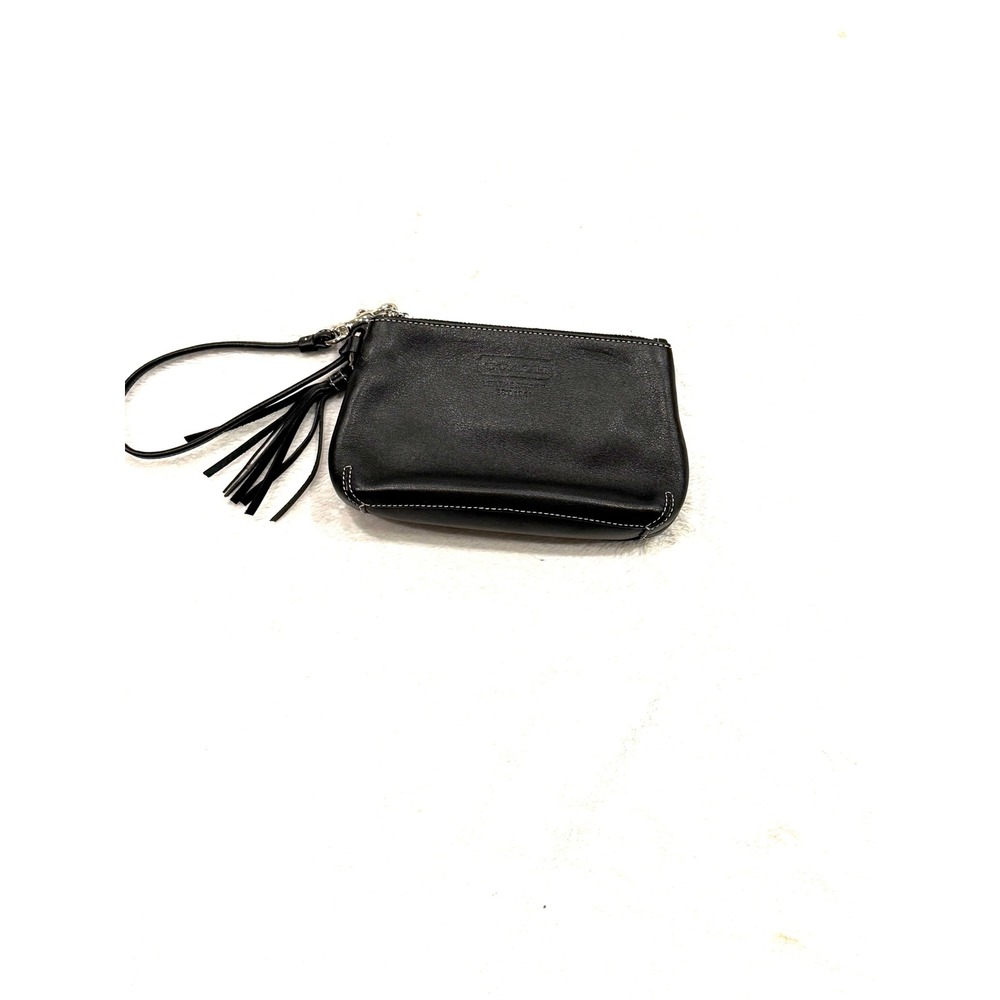 Vintage Coach Black Leather Wristlet Tassel Pouch Bag with White Stitching
